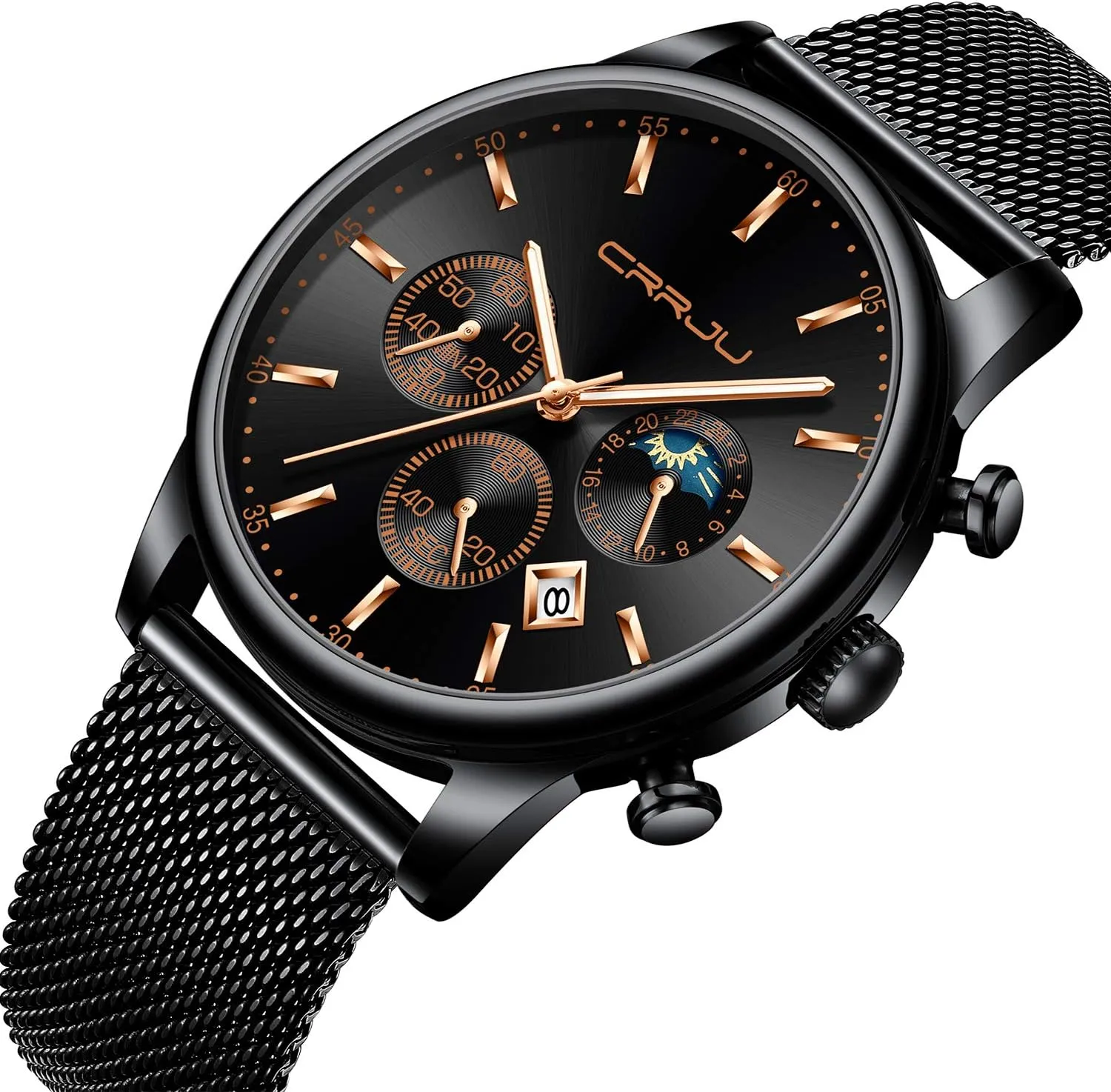CRRJU Men's Fashion Casual Watches Auto Date Chronograph Watch Men Nice Work Watches Waterproof 30M Full Steel Quartz with Mesh Strap