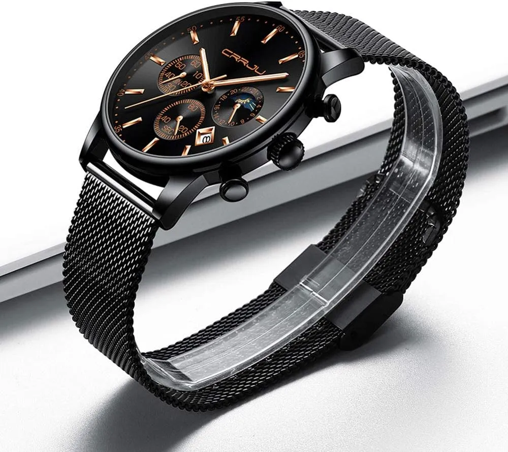 CRRJU Men's Fashion Casual Watches Auto Date Chronograph Watch Men Nice Work Watches Waterproof 30M Full Steel Quartz with Mesh Strap