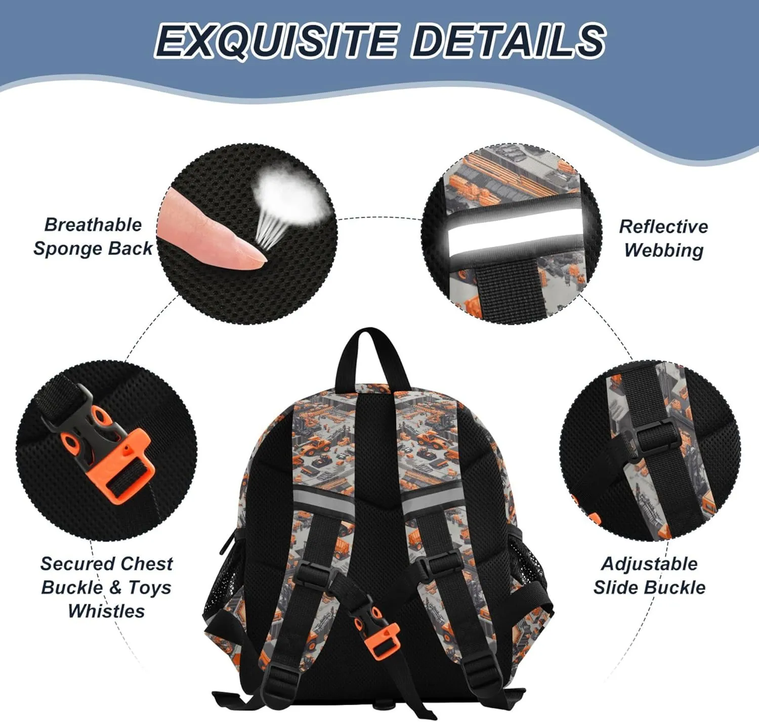 Custom Cute Ears Kids Backpacks Leash Boys Girls Anti-Lost Personalized Outdoor Backpack with Reflective Strip S Construction Scene Building Bridges Car Loader
