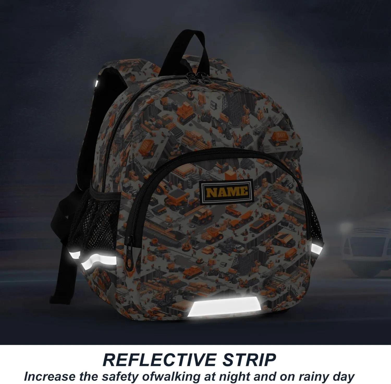 Custom Cute Ears Kids Backpacks Leash Boys Girls Anti-Lost Personalized Outdoor Backpack with Reflective Strip S Construction Scene Building Bridges Car Loader