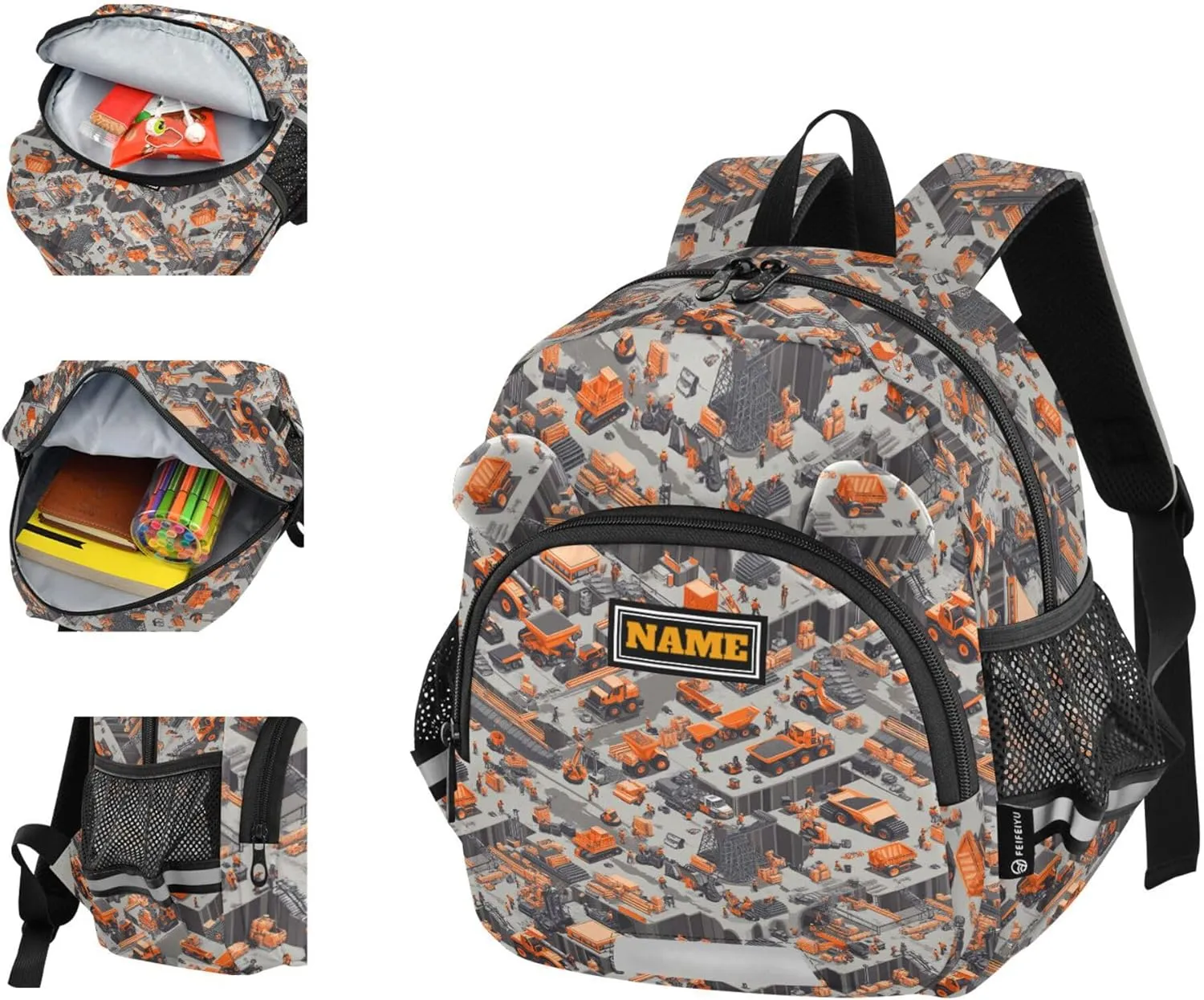 Custom Cute Ears Kids Backpacks Leash Boys Girls Anti-Lost Personalized Outdoor Backpack with Reflective Strip S Construction Scene Building Bridges Car Loader