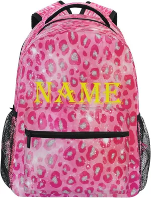 Custom Name Backpack Pink Silver Sparkling Leopard Backpacks Diy Casual Daypack Back Pack 16 inch Laptop Bag Double Zipper Travel Sports Bags with Adjustable Shoulder Strap