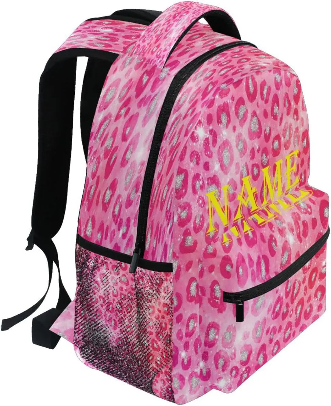 Custom Name Backpack Pink Silver Sparkling Leopard Backpacks Diy Casual Daypack Back Pack 16 inch Laptop Bag Double Zipper Travel Sports Bags with Adjustable Shoulder Strap