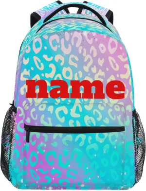 Custom Name Backpack Rainbow Shiny Leopard Backpacks Diy Casual Daypack Back Pack 16 inch Laptop Bag Double Zipper Travel Sports Bags with Adjustable Shoulder Strap