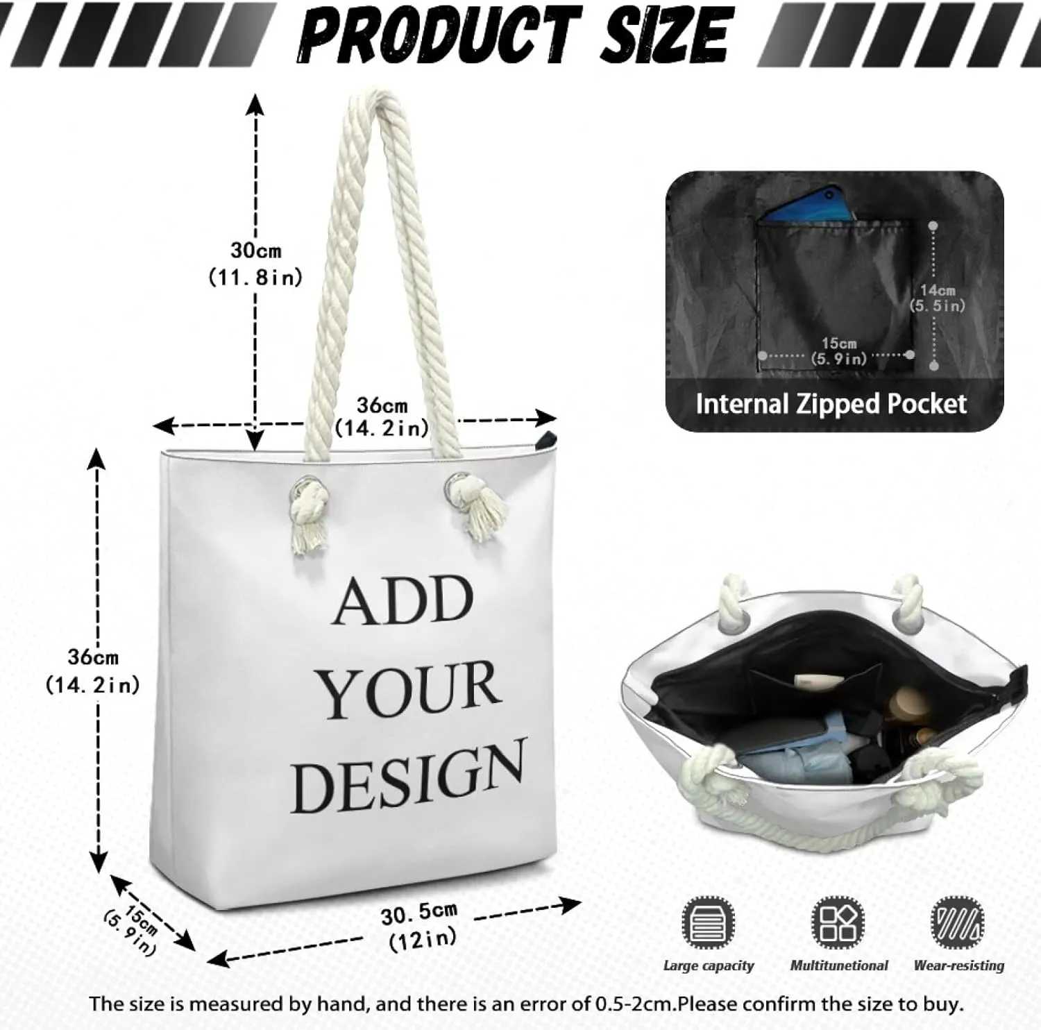 Custom Tote Bag for Women Zipper Cloth Cotton Bags for Travel Casual Satchel Totes