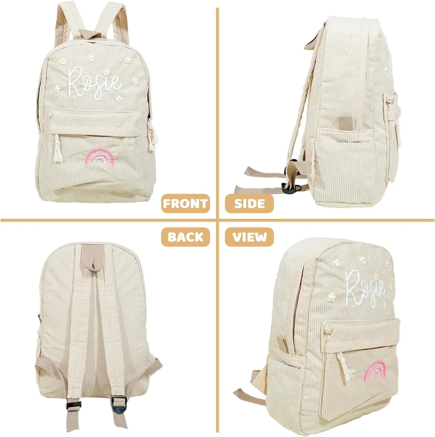 Customizable Corduroy Backpack with Name Embroidery - Lightweight, Perfect for School Trips and Laptop Carrying (Khaki)