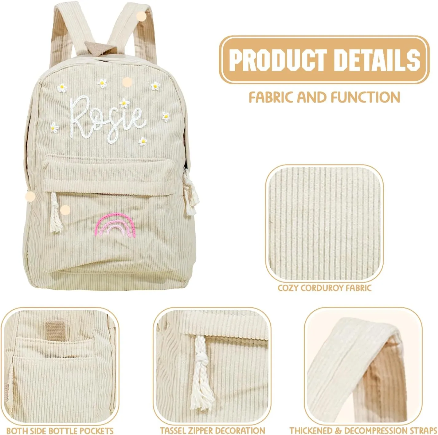 Customizable Corduroy Backpack with Name Embroidery - Lightweight, Perfect for School Trips and Laptop Carrying (Pink)