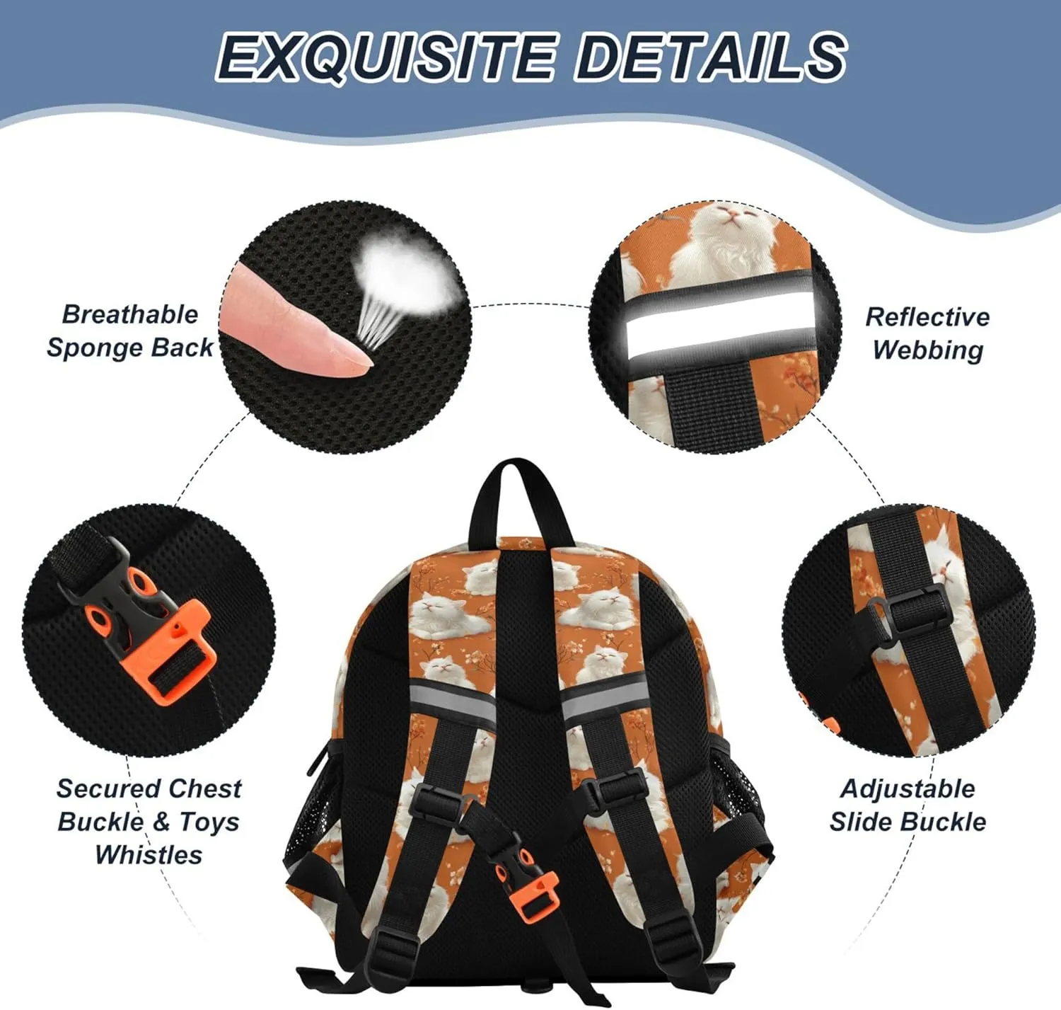 Cute Ears Kids Day Backpack Leash Little Girls Anti-Lost Personalized Toy Bags For Toddler with Reflective Strip M Aesthetic Bohemian Cats Peach