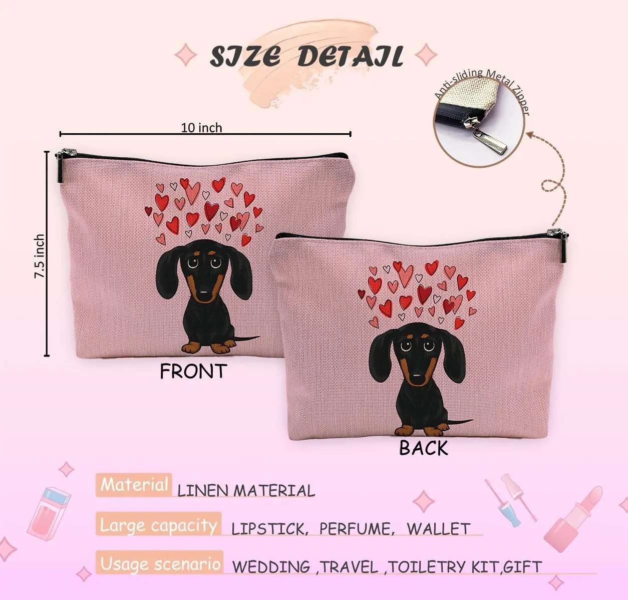 Dachshund Makeup Bag,Dachshund Cosmetic Bag,Dachshund Makeup Travel Toiletry Bag,Dachshund Mom Gifts,Dachshund Lover Gifts,Dachshund Gifts for women,Valentine Gifts, Pink Cosmetic Bag
