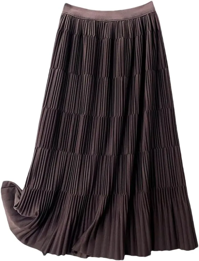 DBFBDTU Pleated Long Skirt for Women Solid A Line High Waist Midi Skirt Female