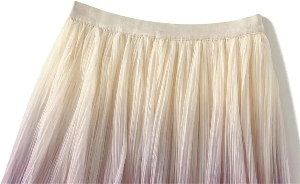 DBFBDTU Reversible Gradient Long Skirt Women Spring Summer A Line High Waist Pleated Midi Skirt Female
