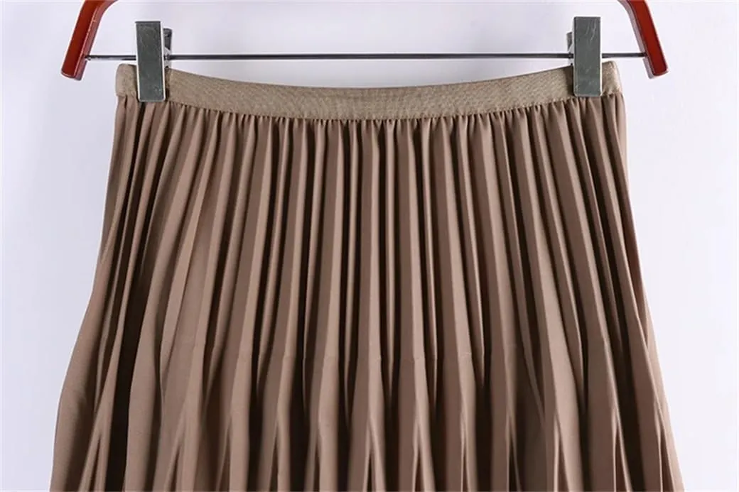 DBFBDTU Rhombus Pleated Long Skirt Women Solid A Line High Waist Midi Skirt Female