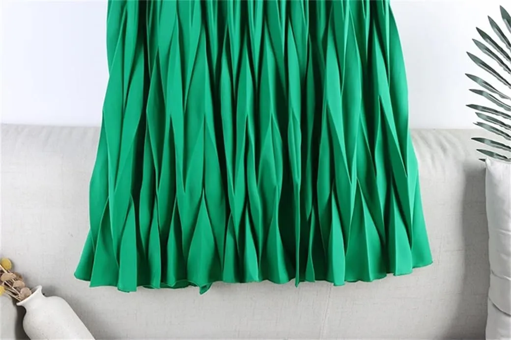 DBFBDTU Rhombus Pleated Long Skirt Women Solid A Line High Waist Midi Skirt Female