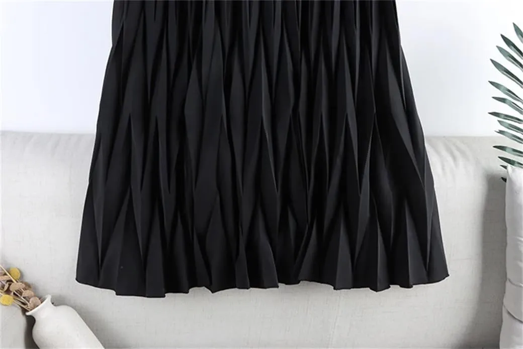 DBFBDTU Rhombus Pleated Long Skirt Women Solid A Line High Waist Midi Skirt Female