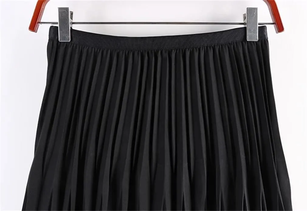 DBFBDTU Rhombus Pleated Long Skirt Women Solid A Line High Waist Midi Skirt Female