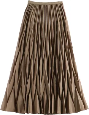 DBFBDTU Rhombus Pleated Long Skirt Women Solid A Line High Waist Midi Skirt Female