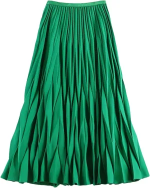 DBFBDTU Rhombus Pleated Long Skirt Women Solid A Line High Waist Midi Skirt Female