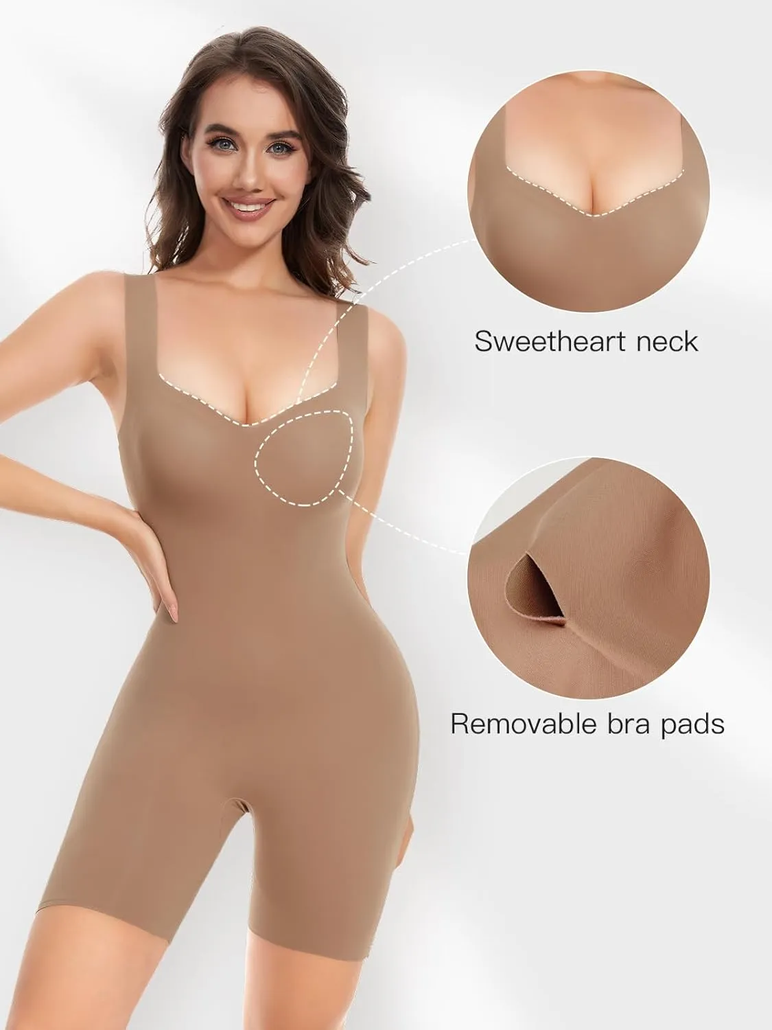 Decorus Bodysuit Shorts Womens Seamless: Workout Romper With Built In Bra Sweetheart Neck - One Piece Shapewear Jumpsuits