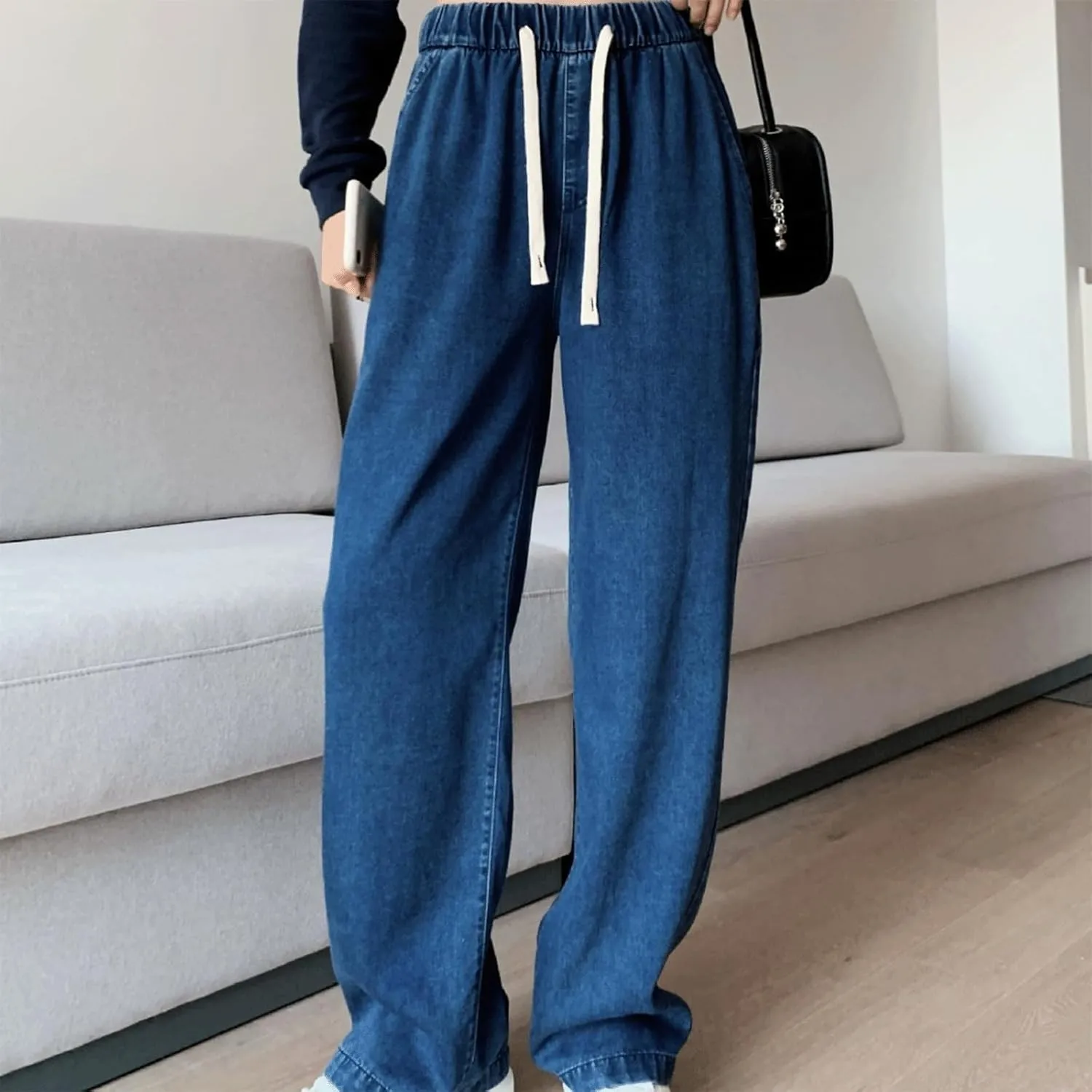 Denim Sweatpants Women High Waisted Wide Leg Jeans Casual Drawstring Y2k Baggy Boyfriend Sweatpant Jeans with Pockets