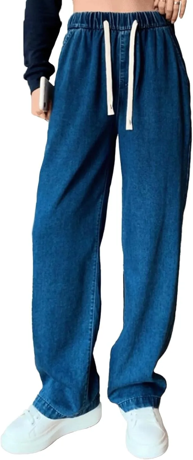 Denim Sweatpants Women High Waisted Wide Leg Jeans Casual Drawstring Y2k Baggy Boyfriend Sweatpant Jeans with Pockets