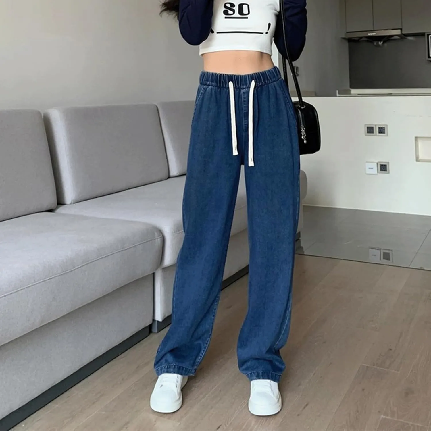 Denim Sweatpants Women High Waisted Wide Leg Jeans Casual Drawstring Y2k Baggy Boyfriend Sweatpant Jeans with Pockets