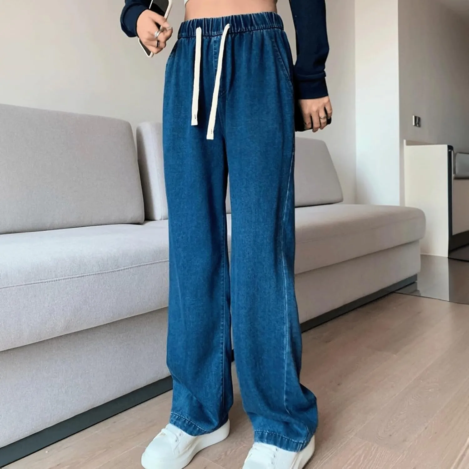 Denim Sweatpants Women High Waisted Wide Leg Jeans Casual Drawstring Y2k Baggy Boyfriend Sweatpant Jeans with Pockets