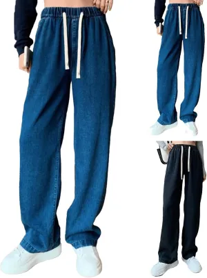 Denim Sweatpants Women High Waisted Wide Leg Jeans Casual Drawstring Y2k Baggy Boyfriend Sweatpant Jeans with Pockets