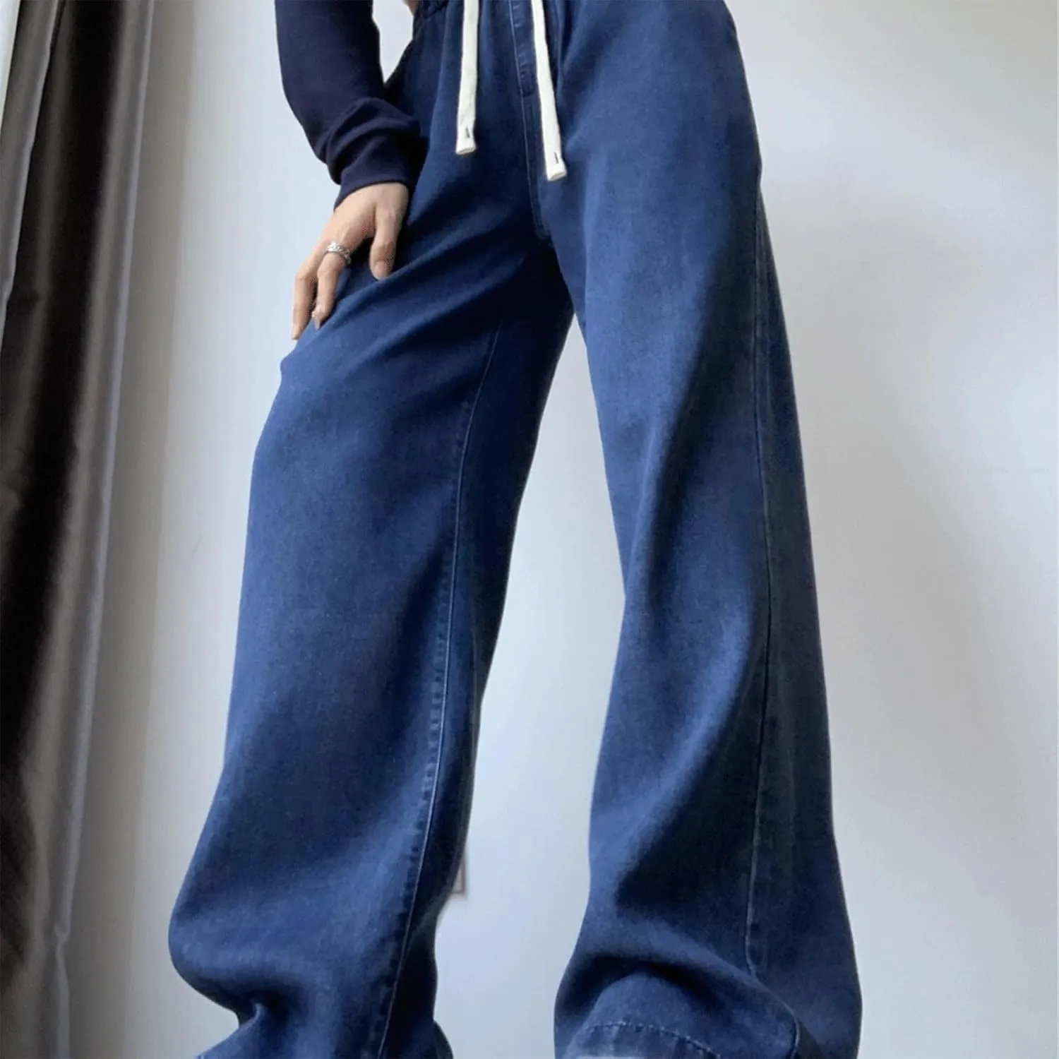 Denim Sweatpants Women High Waisted Wide Leg Jeans Casual Drawstring Y2k Baggy Boyfriend Sweatpant Jeans with Pockets