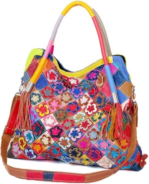 Downupdown Genuine Leather Handbags Purses for Women Floral Shoulder Bags Hobo Handbag Ladies Multicolor Totes Satchel