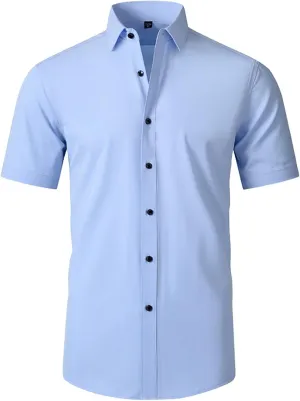 Dress Shirts for Men,Men's Summer Short Sleeve Button Down Business Work Blouses Regular Fit Wrinkle-Resistant Shirt Blue