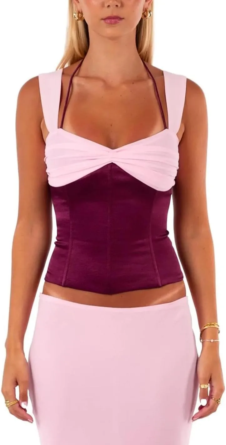 DSORVICD Women Y2k Sleeveless Cami Tank Top Sexy Satin V Neck Camisole Cute Backless Cami Top Summer Going Out Outfits Top