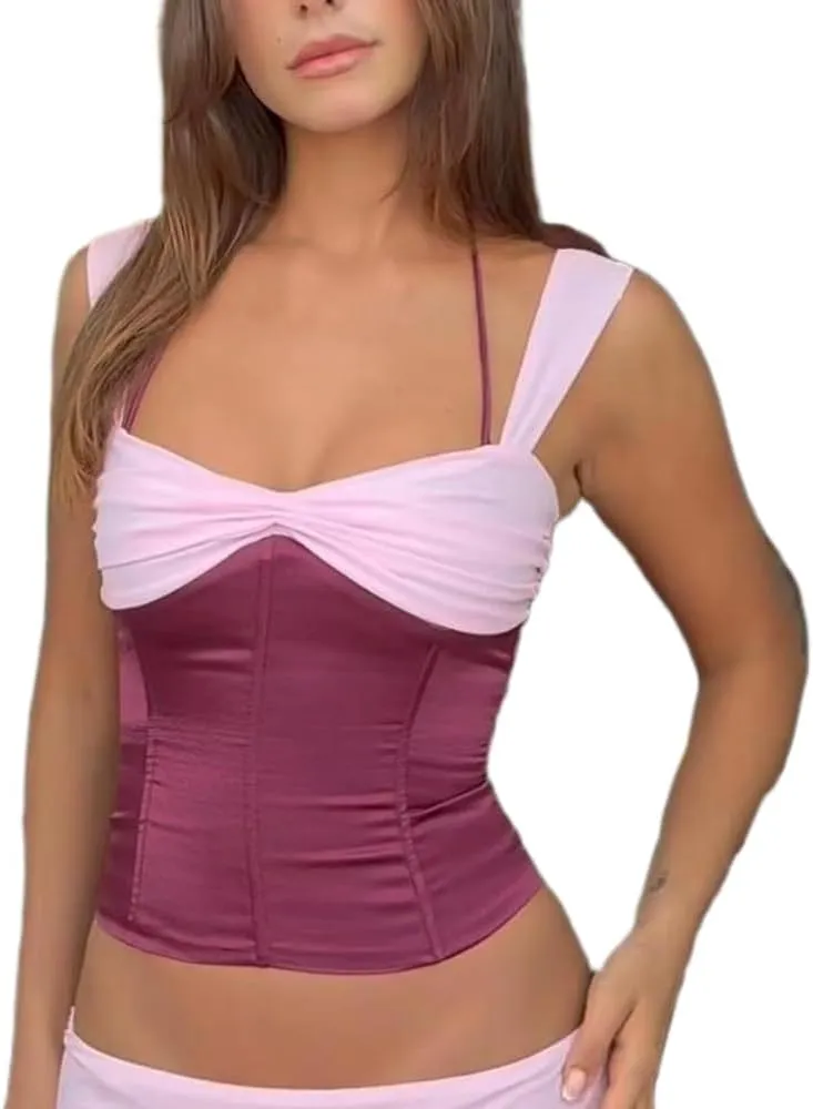 DSORVICD Women Y2k Sleeveless Cami Tank Top Sexy Satin V Neck Camisole Cute Backless Cami Top Summer Going Out Outfits Top