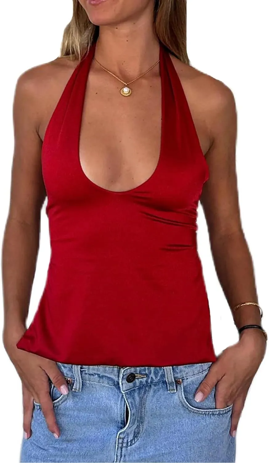 DSORVICD Women Y2k Sleeveless Cami Tank Top Sexy Satin V Neck Camisole Cute Backless Cami Top Summer Going Out Outfits Top