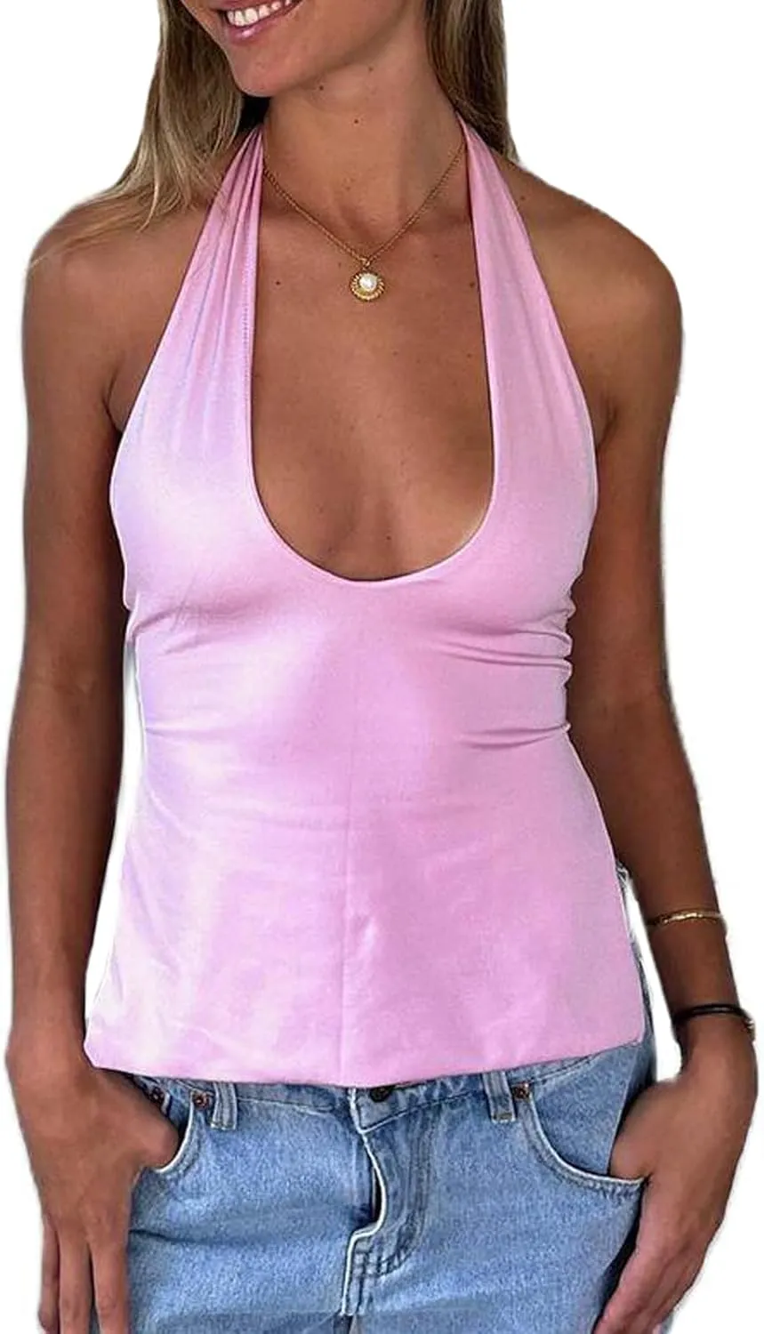 DSORVICD Women Y2k Sleeveless Cami Tank Top Sexy Satin V Neck Camisole Cute Backless Cami Top Summer Going Out Outfits Top