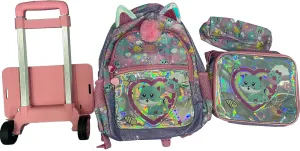 Egchescebo Kids Rolling Loving Cat Backpack for Girls Trolley Suitcases Luggage Travel with Wheels Detachable Wheeled 17" 3PCS Roller Backpacks Set Toddler Back Pack School Bags for Elementary Pink