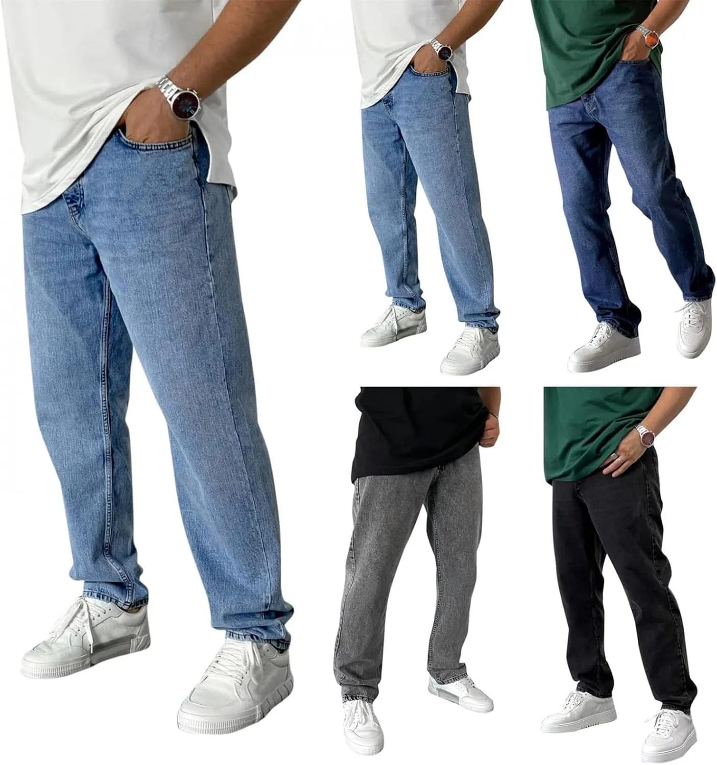 evzosrz Men's Straight Jeans Casual Elastic Waist Pants Denim Slim Fit Straight Sweatpant Regular Jeans Trousers Streetwear