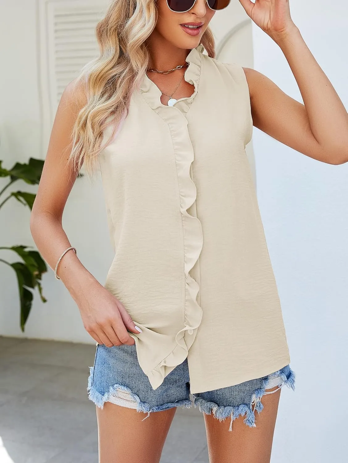 Famulily Ruffle Tank Top for Women V Neck Ruffled Collared Shirts Sleeveless Ruffle Placket Button Front Blouse