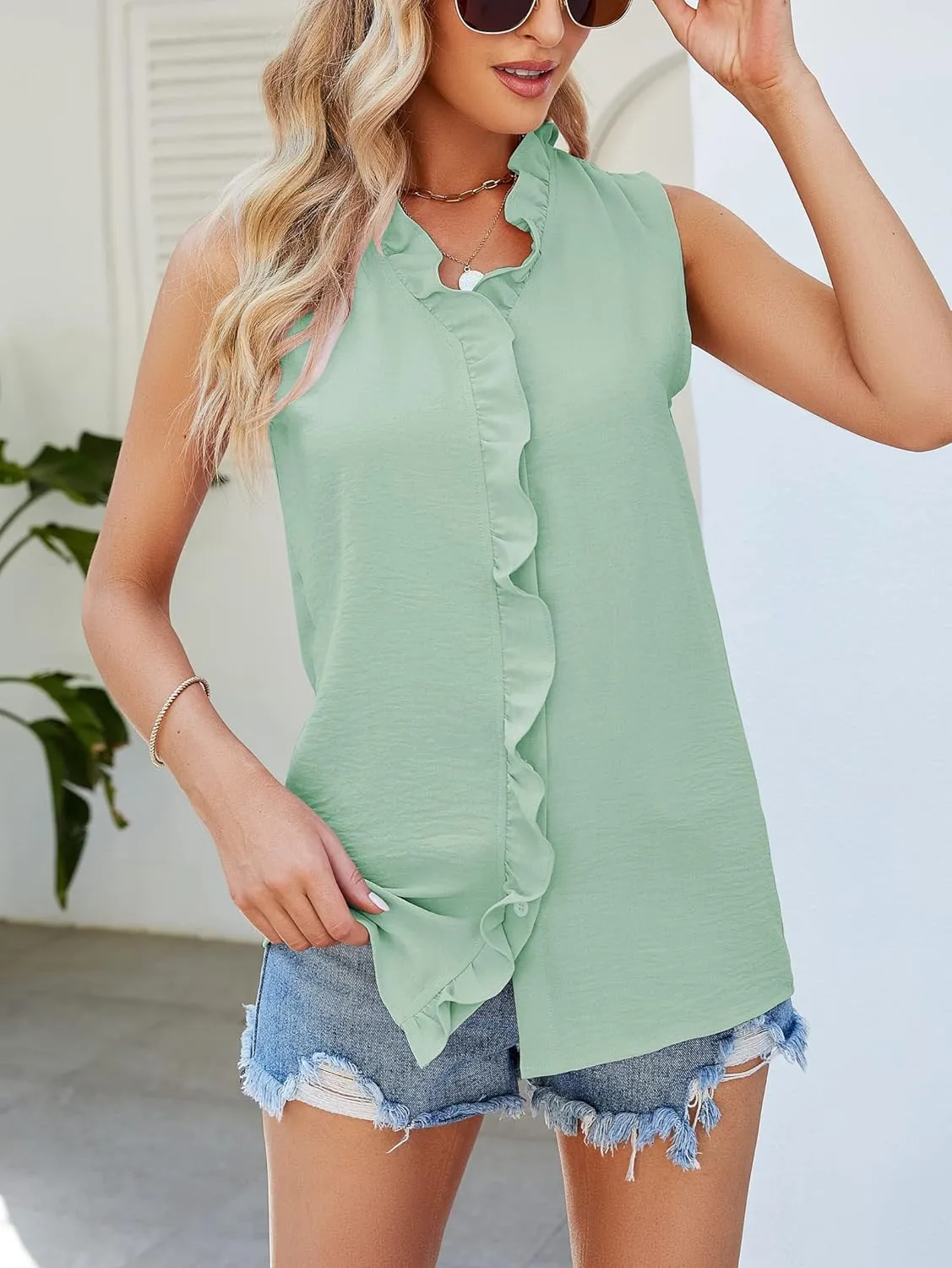 Famulily Ruffle Tank Top for Women V Neck Ruffled Collared Shirts Sleeveless Ruffle Placket Button Front Blouse