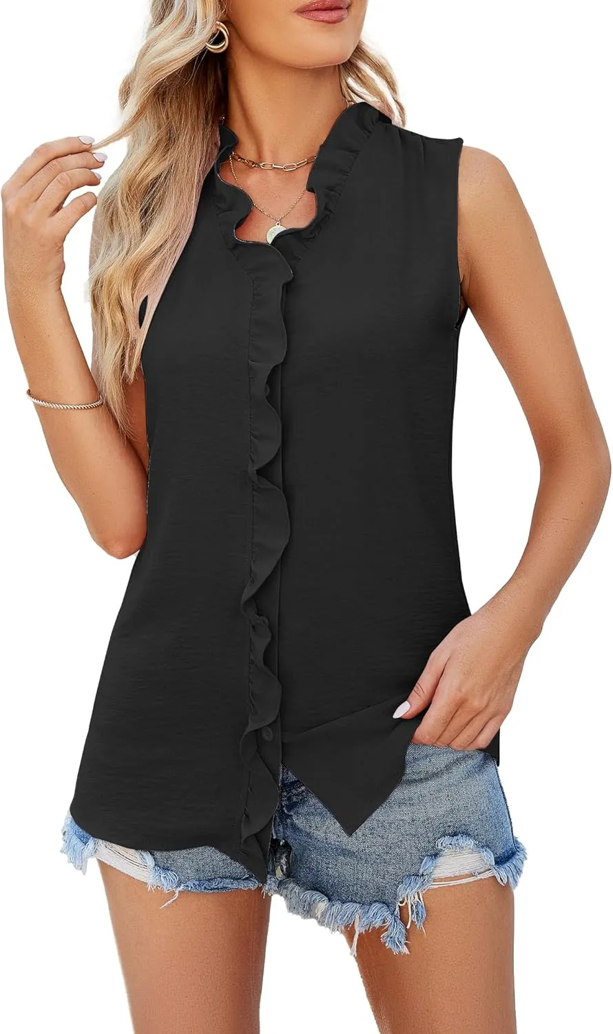 Famulily Ruffle Tank Top for Women V Neck Ruffled Collared Shirts Sleeveless Ruffle Placket Button Front Blouse
