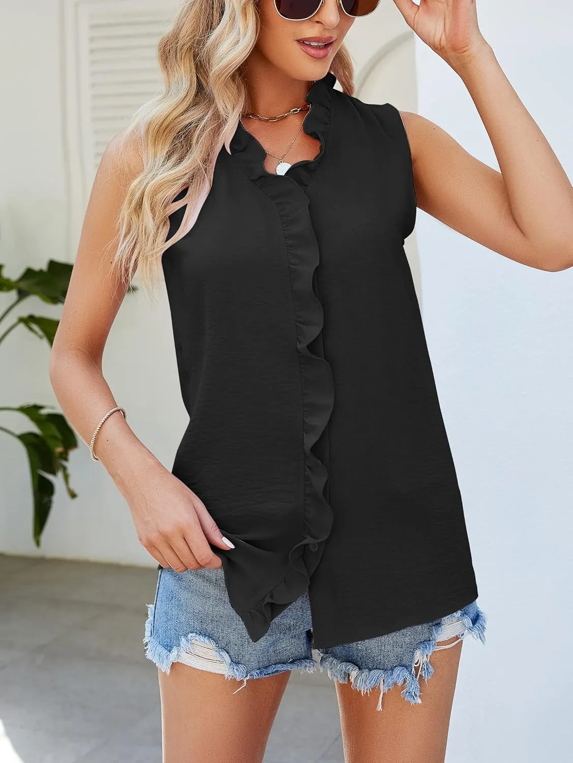 Famulily Ruffle Tank Top for Women V Neck Ruffled Collared Shirts Sleeveless Ruffle Placket Button Front Blouse