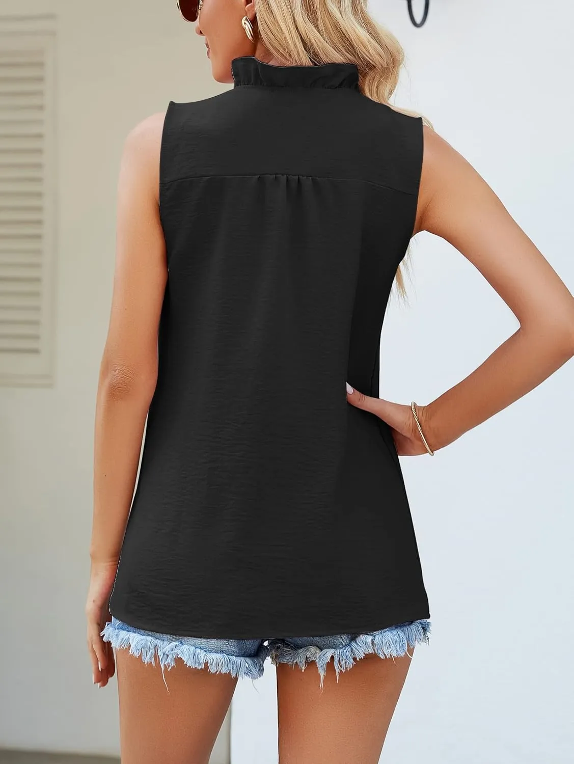 Famulily Ruffle Tank Top for Women V Neck Ruffled Collared Shirts Sleeveless Ruffle Placket Button Front Blouse
