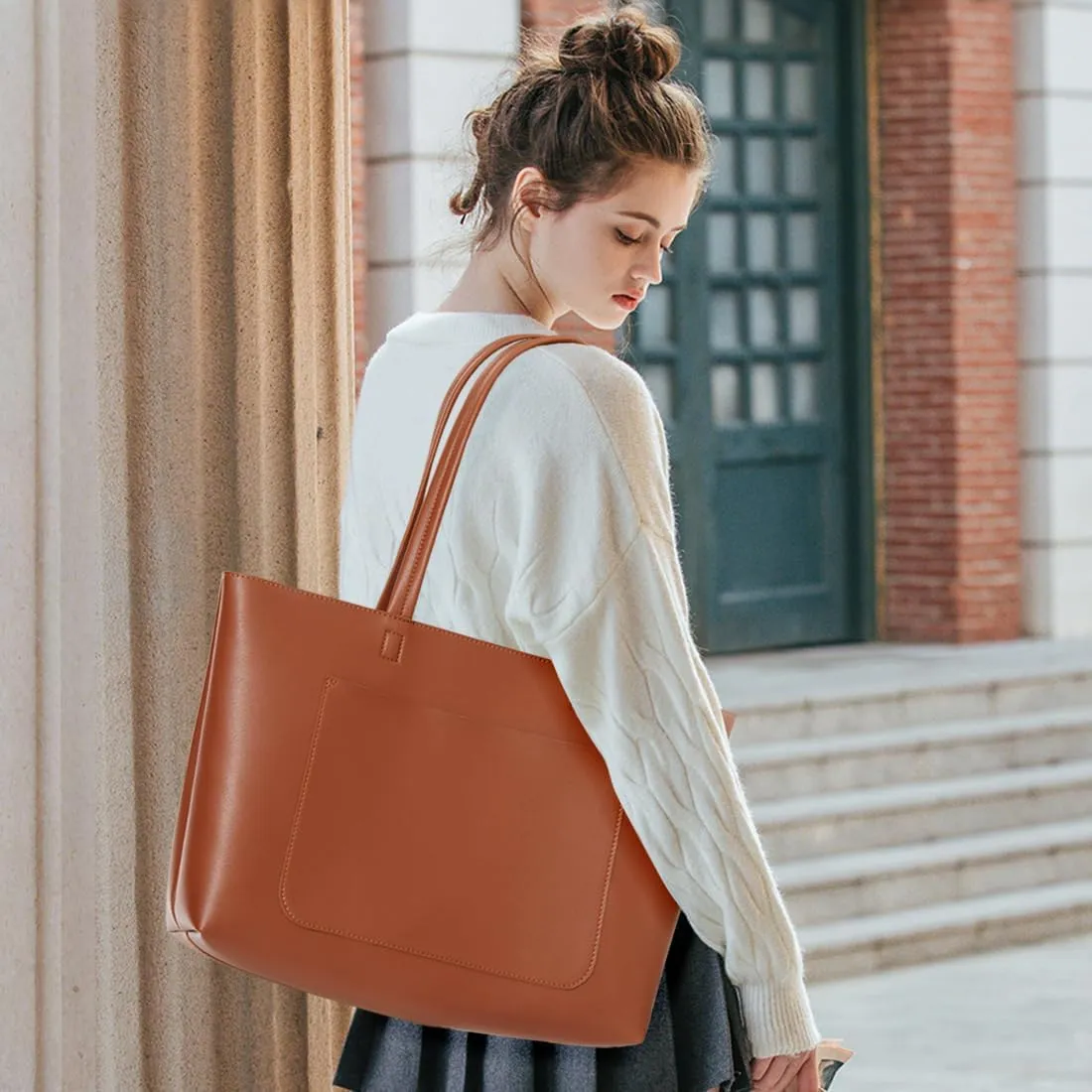 Fancy Forest Basic Tote Bag for Women Vegan Leather Hard - Stiff & Slim Shoulder Bag 18L Purse with Zipper for Work Travel