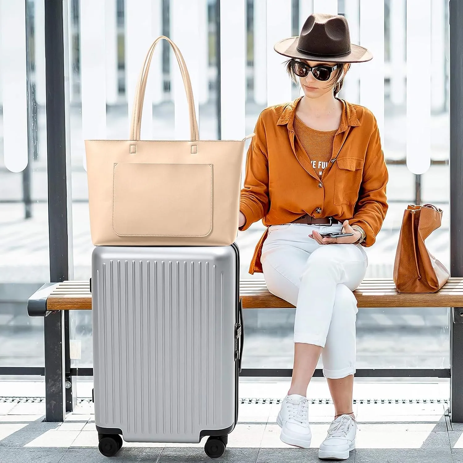 Fancy Forest Basic Tote Bag for Women Vegan Leather Hard - Stiff & Slim Shoulder Bag 18L Purse with Zipper for Work Travel