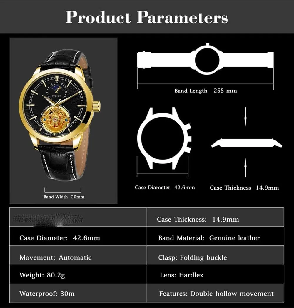 FANMIS Fashion Mens Watches Luxury Leather Strap Moon Phase Skeleton Waterproof Automatic Mechanical Watches
