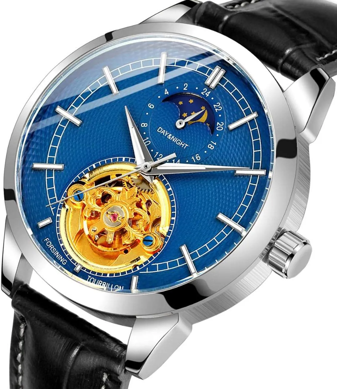 FANMIS Fashion Mens Watches Luxury Leather Strap Moon Phase Skeleton Waterproof Automatic Mechanical Watches