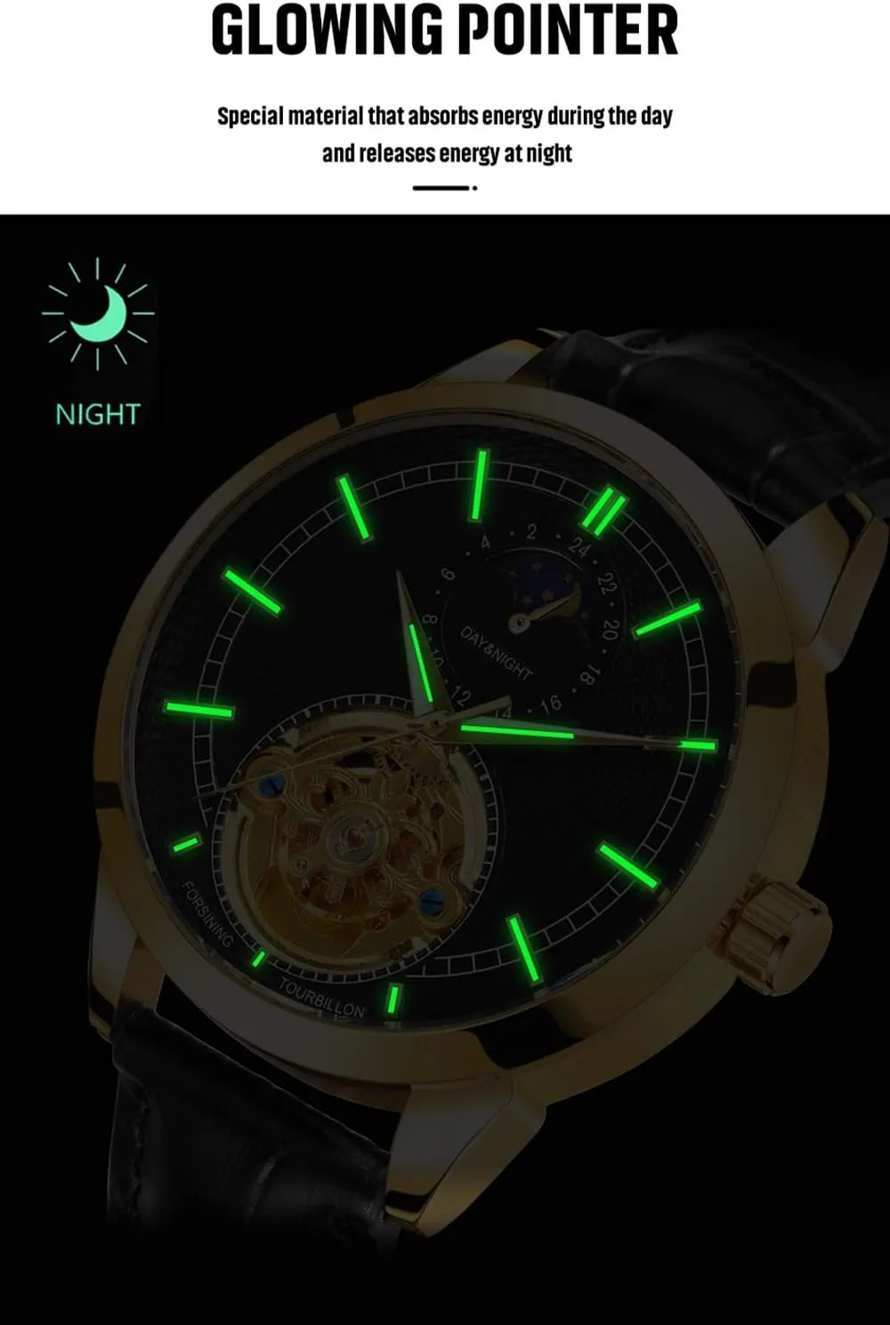 FANMIS Fashion Mens Watches Luxury Leather Strap Moon Phase Skeleton Waterproof Automatic Mechanical Watches