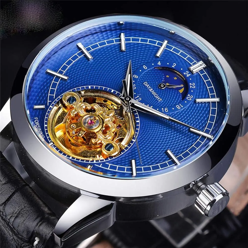 FANMIS Fashion Mens Watches Luxury Leather Strap Moon Phase Skeleton Waterproof Automatic Mechanical Watches