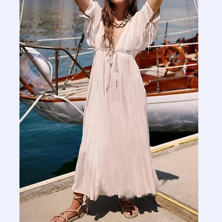 FEORJGP Women Bohemian Loose Fit Maxi Dress Boho V-Neck Puff Short Sleeve Midi Dress Ruffle Tiered Flowy Long Dress Beachwear