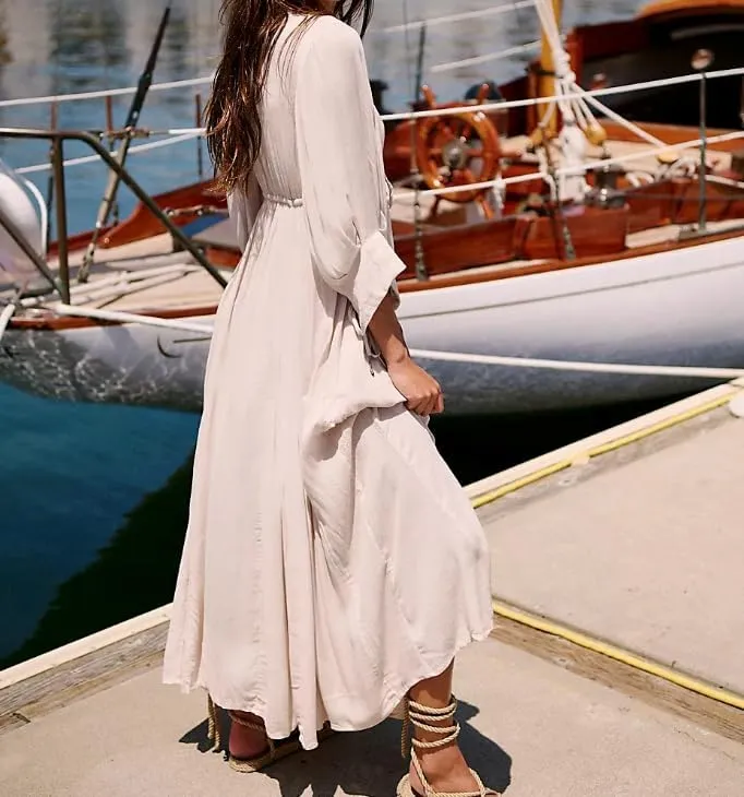 FEORJGP Women Bohemian Loose Fit Maxi Dress Boho V-Neck Puff Short Sleeve Midi Dress Ruffle Tiered Flowy Long Dress Beachwear