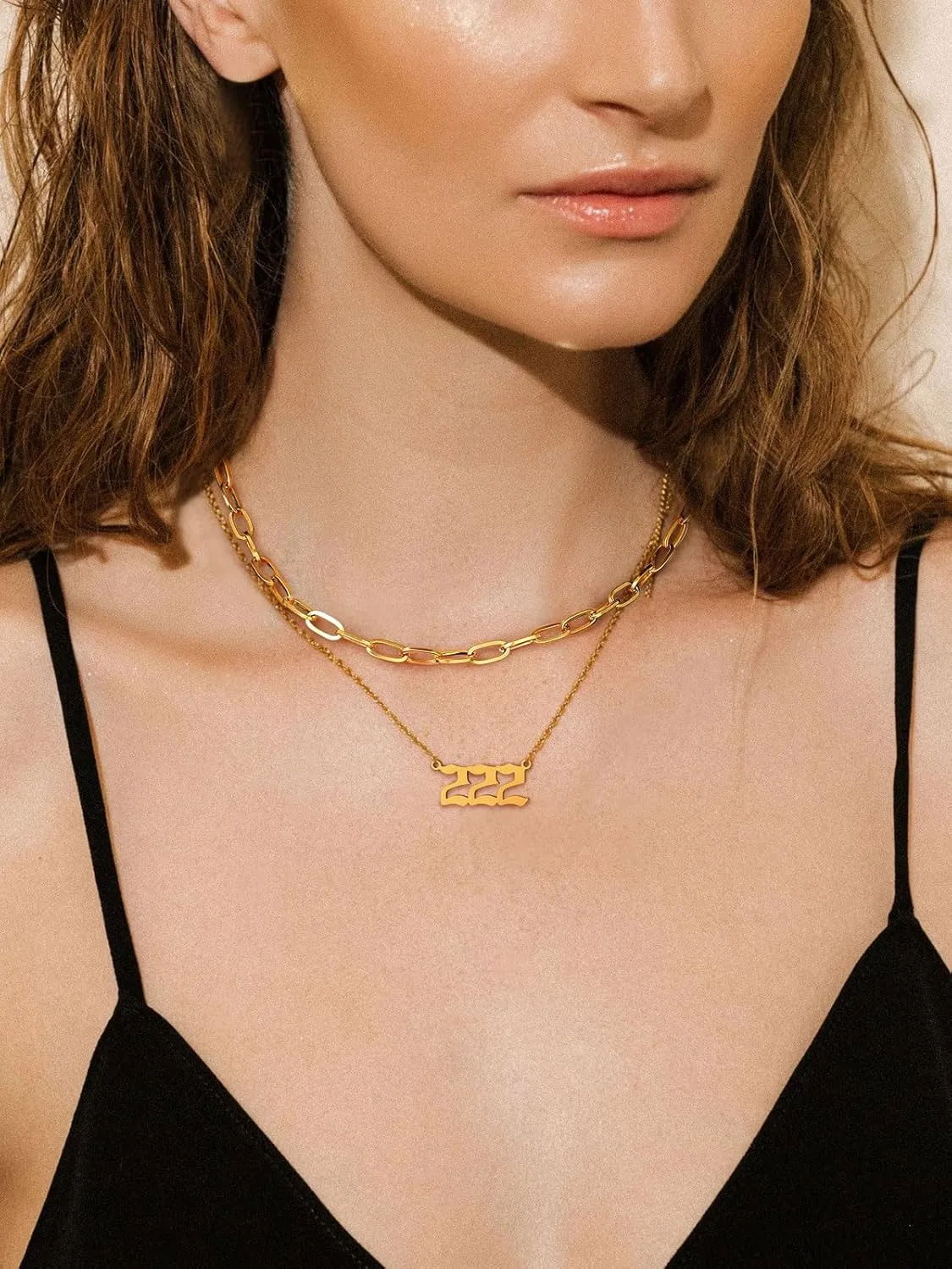 FindChic Angel Number Paperclip Chain Layered Necklaces for Women Stainless Steel/Gold Plated/Black 222 444 888 999 Lucky Number/Custom Name Choker Necklaces, with Gift Box